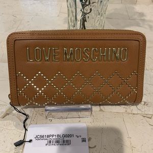 Love Moschino Large Zip Around Studded Wallet in Brown Vegan Leather